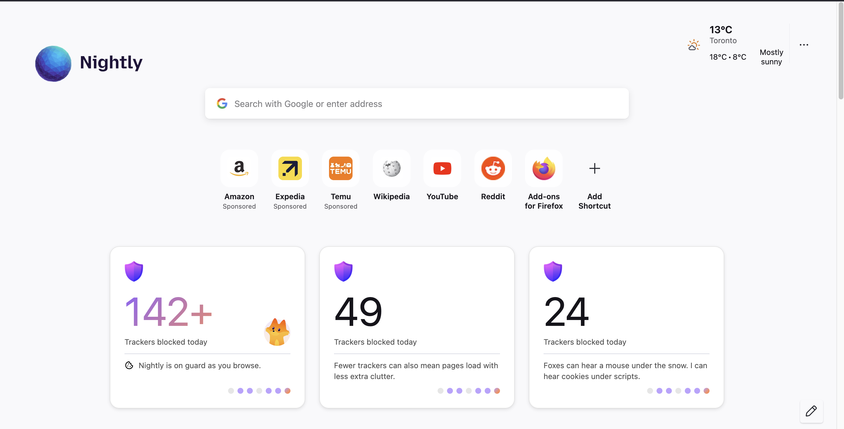 Three widget variants on the new tab page