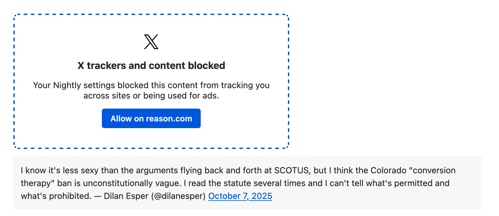SmartBlock placeholder showing preserved text and links from a blocked Twitter embed
