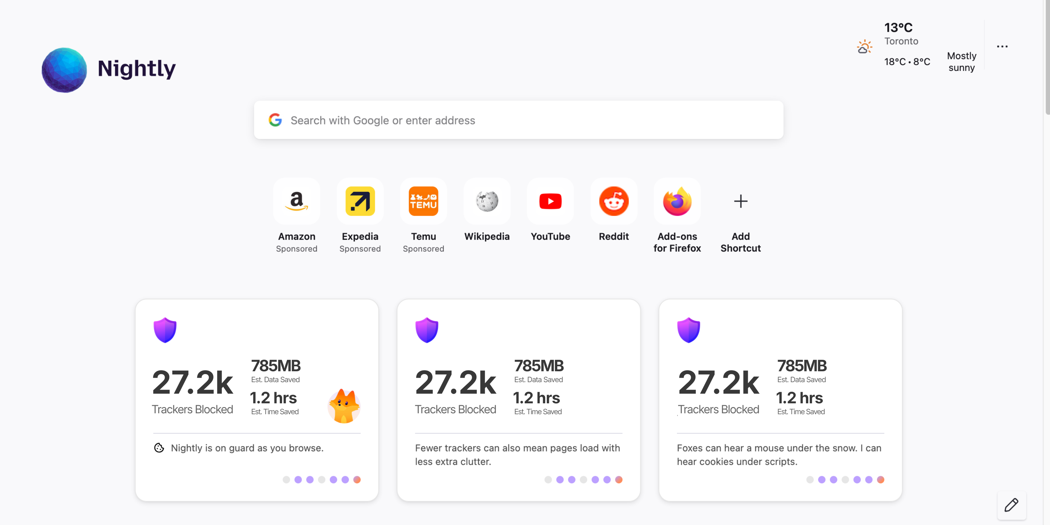 Three variants of the privacy widget on the Firefox new-tab page