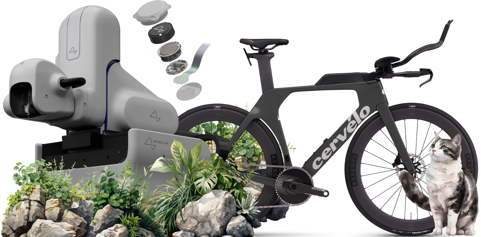 An exploded view of a Neuralink device beside a time-trial bicycle