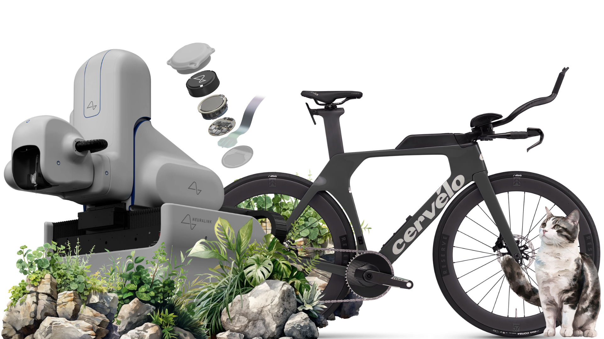 An exploded view of a Neuralink device beside a time-trial bicycle