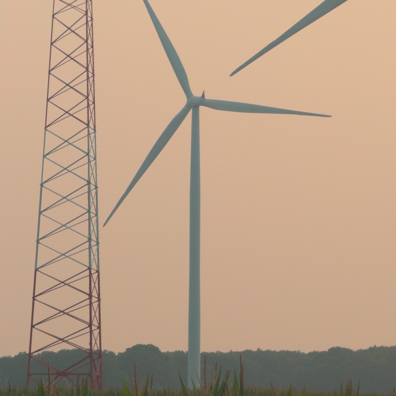 Wind turbines on the Lake Erie coast at dusk